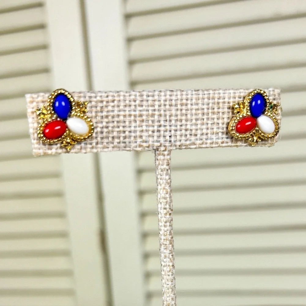 Vintage‎ Sarah Coventry Americana Cabochon Earrings Gold Tone 1970s Post Studs